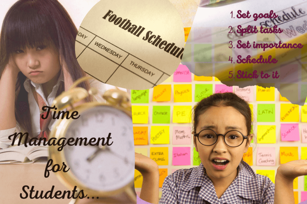 Time management for kids - Set goals, split tasks, set importance, schedule, stick to it.